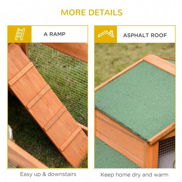 Wooden outdoor rabbit hutch with hinged ramp and slanted asphalt roof panel
