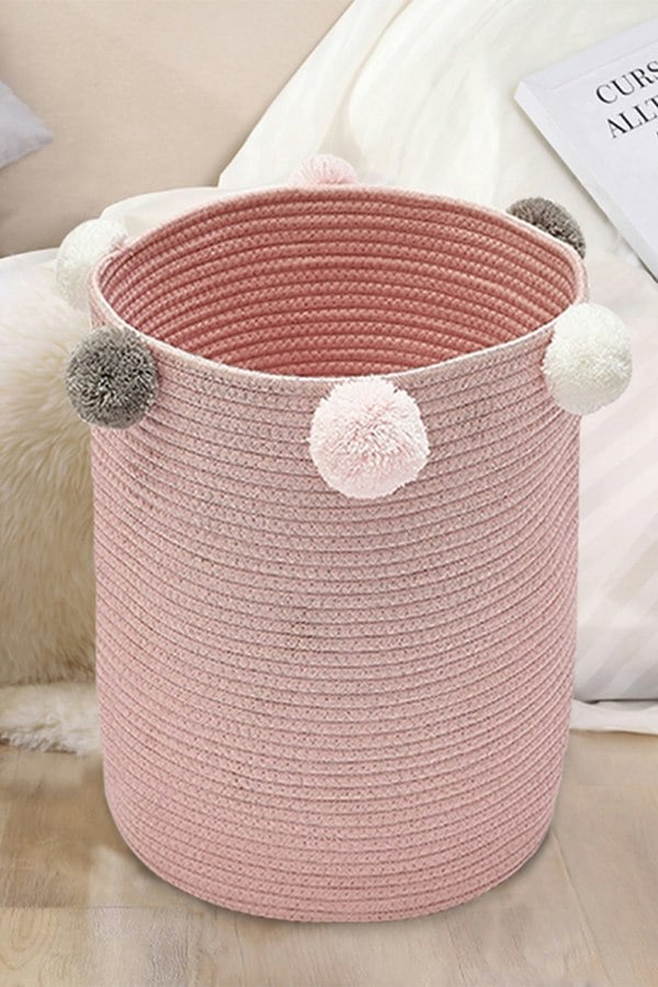 Living and Home Cotton Rope Basket Woven Laundry Blanket Toy Basket Organizer with Pompom Living Room Pink
