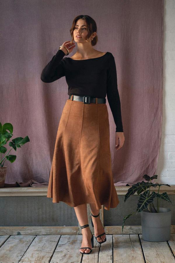 Brown | Belt Detail A-Line Midi Skirt : Model is 5'9"/175 cm and wears UK10/EU38/US6/AUS10