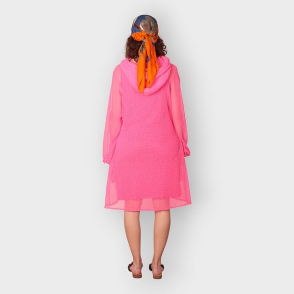 Hot Pink Holiday Resort Dress with matching hot pink undergarment and hoodie. Short Version as a cut out from the back.Plain background.