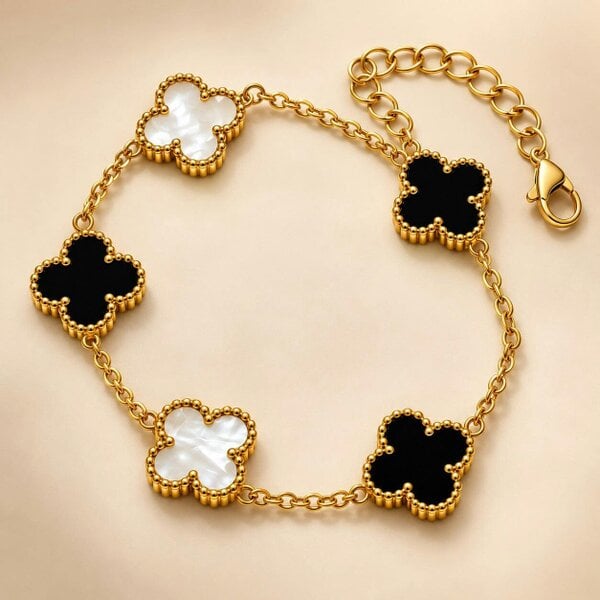 The Colourful Aura 18ct Gold Plated Black and White Clover Charm Chain Bracelet 8 Inch