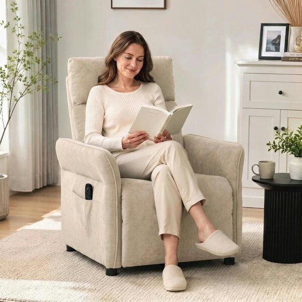Recliner Armchair, Push Back Recliner Chair with Massage & Heat, Adjustable Armrests, Dual Side Pockets, Beige