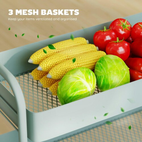 Wyld Haus Nokeyo Metal Light Green 3 Tier Rolling Utility Trolley With Mesh Baskets