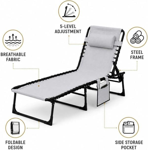 Foldable Sunbed Lounger-Light Grey image 4