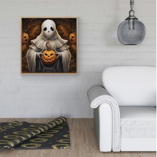 Warren Reed Spooky White Ghost Holding Pumpkin Framed Canvas