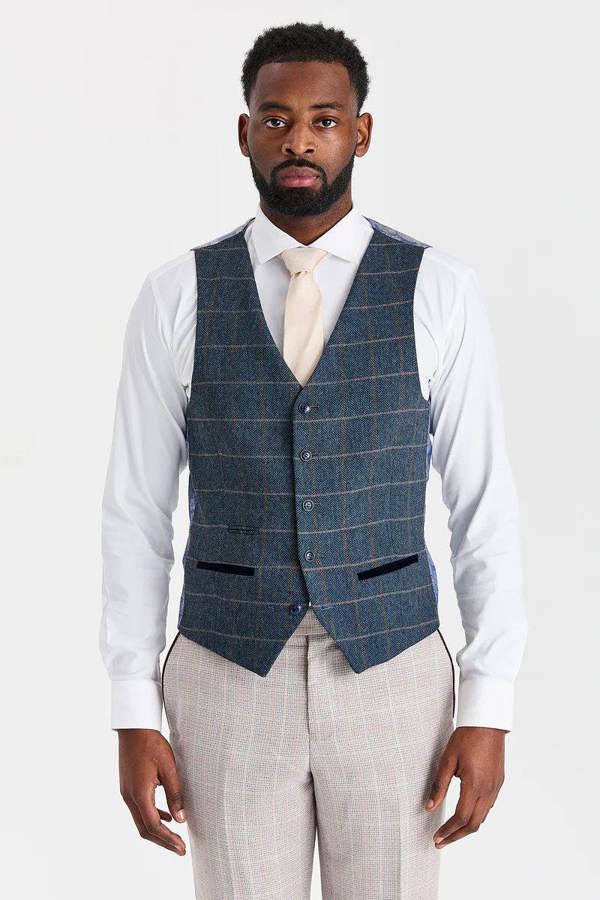 Paul Andrew Leo Beige Suit with Harris Navy Tweed Waistcoat