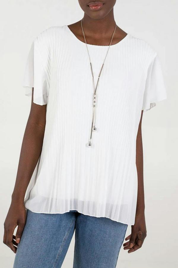 Hoxton Gal Short Sleeves Oversized Pleated Top in White