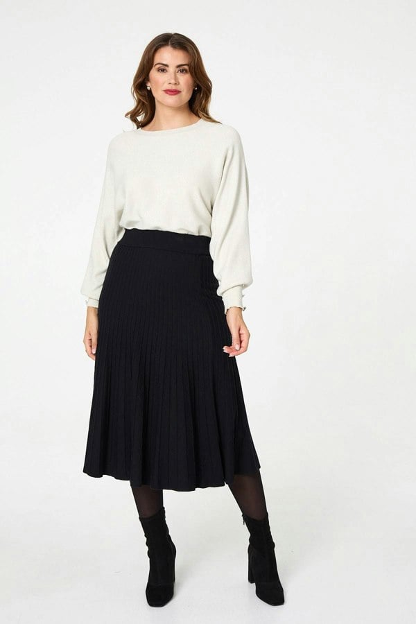 Black | High Waist Pleated Knit Midi Skirt
