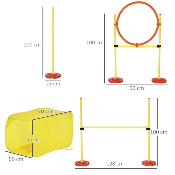 Yellow agility obstacle set with jump ring, adjustable high-jump poles, and tunnel size guides
