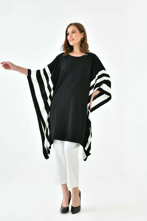 Hoxton Gal Oversized Wide Sleeve Tunic Dress with White Stripe Details in Black