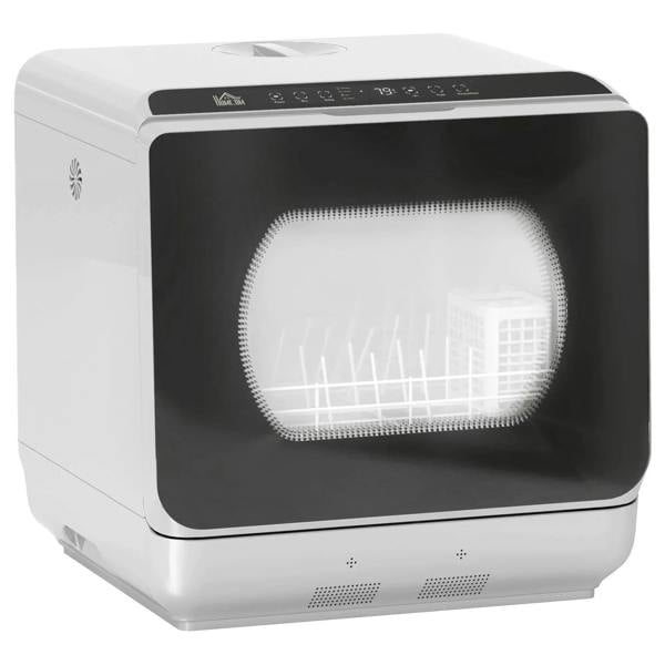 Mini countertop dishwasher, silver body with front window and visible interior rack