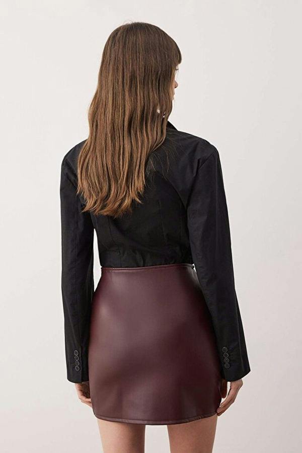 WOVCOR Faux Leather Draped High-Waisted Knitted Skirt