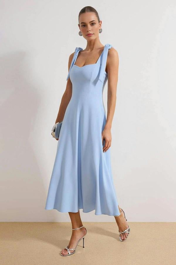 WOVCOR Tie Strap Midi Dress with Sweetheart Neckline