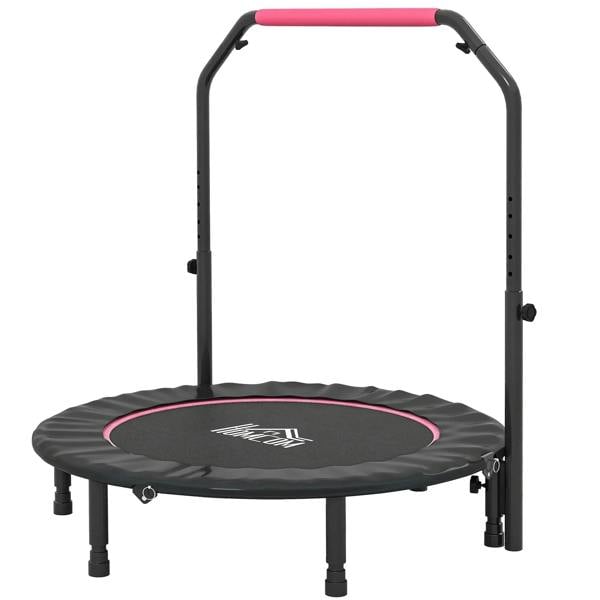 Pink foldable mini fitness trampoline with black frame and padded handle bar