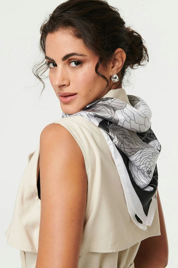 Black | Floral Border Print Satin Square Scarf
