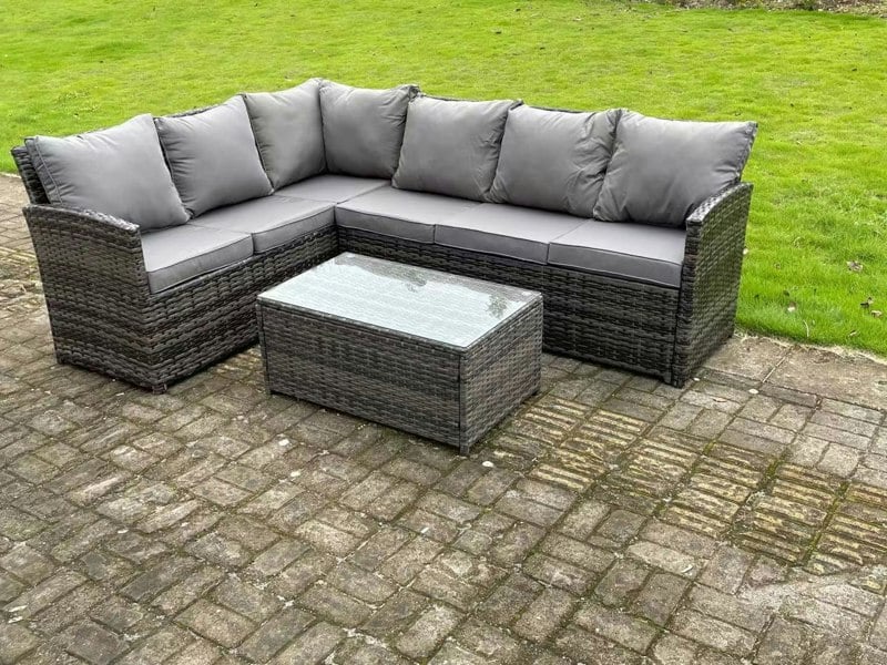 Fimous High Back Dark Mixed Grey Rattan Corner Sofa Set Outdoor Furniture Rectangular Coffee Table 6 Seater