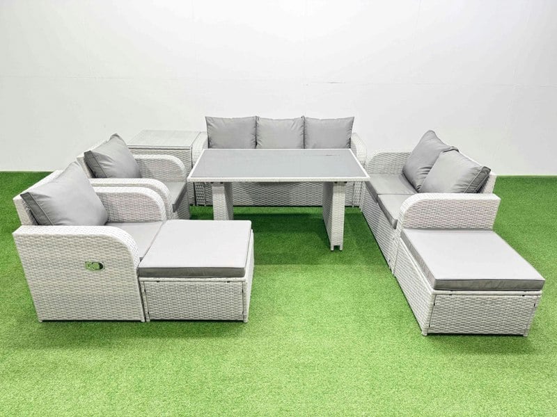 Fimous 9 Seater Garden Furniture Set PE Rattan Garden Sofa Set with Rectangular Dining Table 2 Big Stool Side Table Light Grey