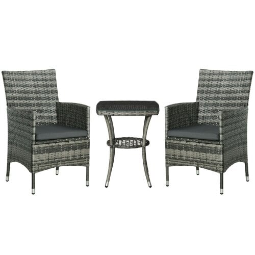 Wyld Haus Sami Rattan Grey 3 Piece Garden Bistro Set With 2 Tier Table And Cushions