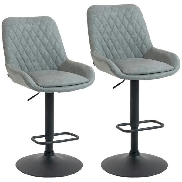 Set of two light grey faux leather bar stools, quilted back, swivel base, round footrest