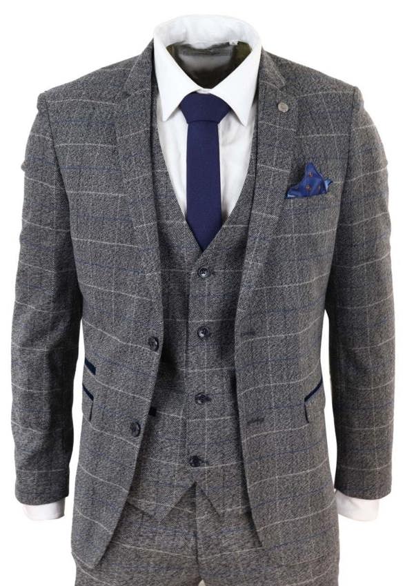Marc Darcy Mens 3 Piece Grey With Blue Check Vintage Classic Suit