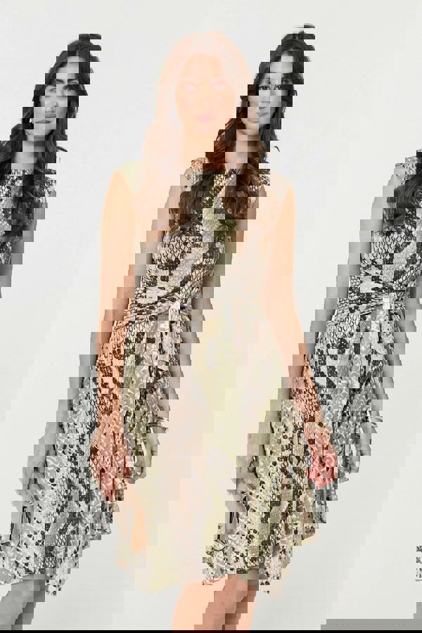 Green | Snake Print Boat Neck Hanky Hem Short Dress
