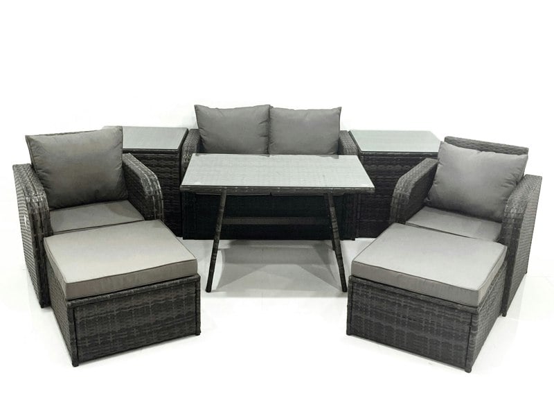 Fimous Outdoor Garden Furniture Set Rattan Sofa Dining Table Set with Reclining Chair 2 Big Footstool 2 Side Tables Dark Grey Mixed