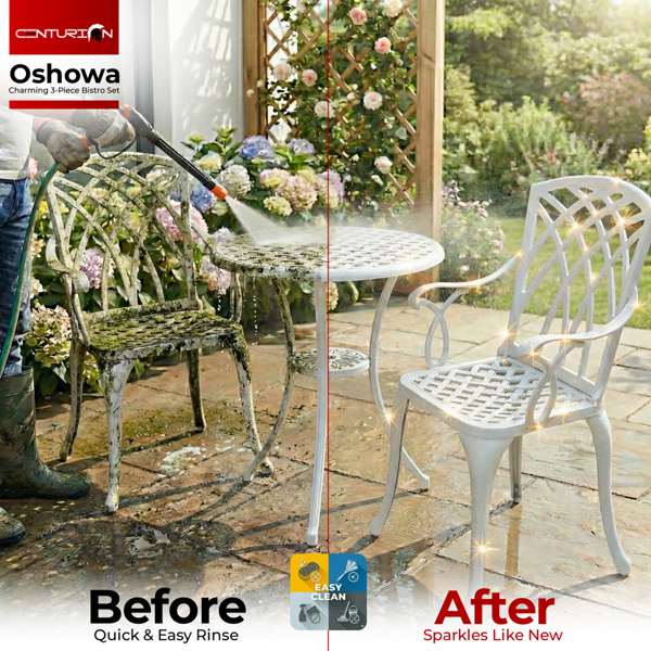 Centurion Supports OSHOWA Luxurious Garden and Patio Table and 2 Large Chairs with Armrests Cast Aluminium Bistro Set - White