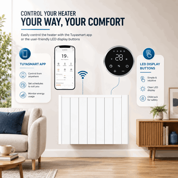 MYLEK Electric Ceramic Radiator Panel Heater WIFI Smart APP Eco 2000W Bathroom Safe Wall Mounted Timer Thermostat