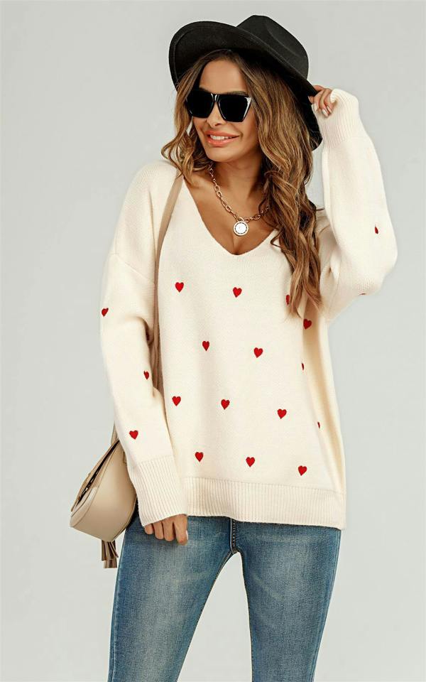 FS Collection Embroidery Red Heart V Neck Jumper In Cream