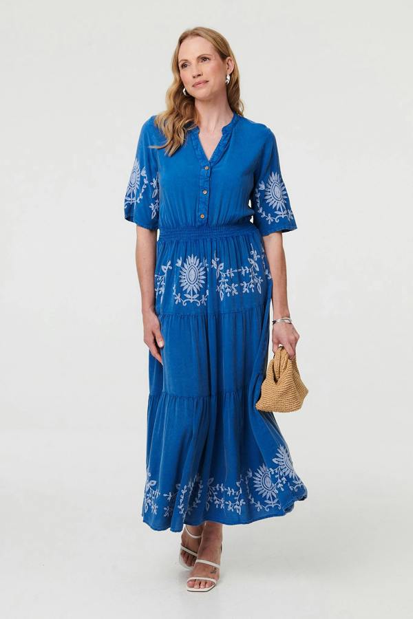 Blue | Embroidered Tiered 1/2 Sleeve Midi Dress