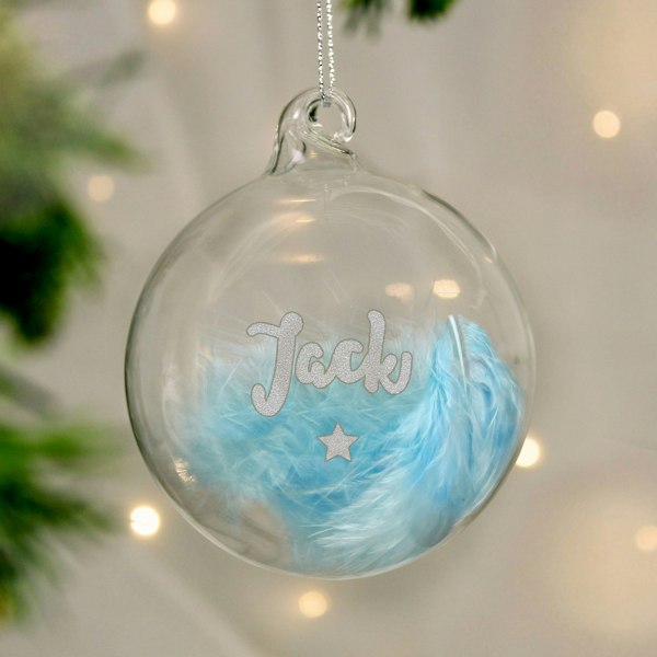 Personalised Memento Company Personalised Blue Feather Silver Star Glass Bauble