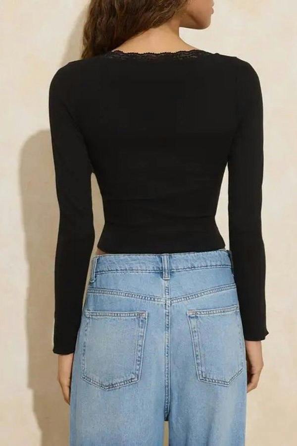 WOVCOR Pool Neck Lace Detail Ribbed Stretch Knit Blouse