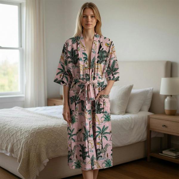 Hayley & Co Jungle Print 100% Cotton Dressing Gown in Pale Pink