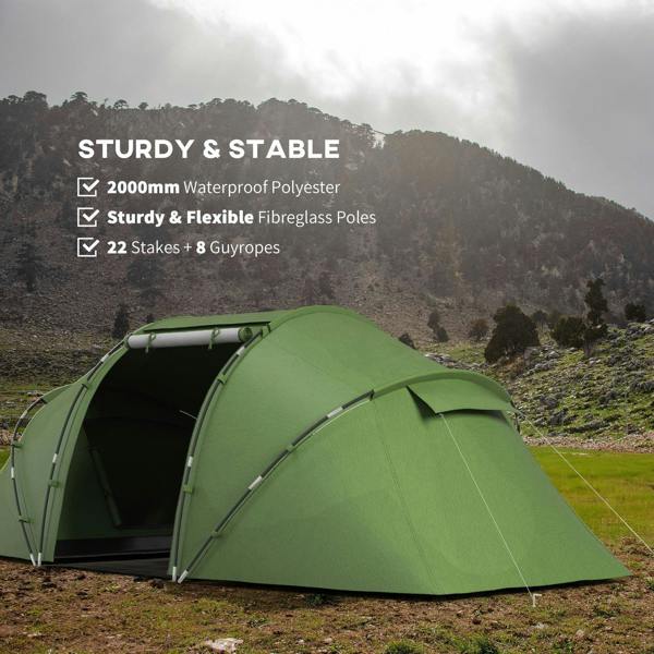 Dark green tunnel camping tent with large front door and slanted side panels