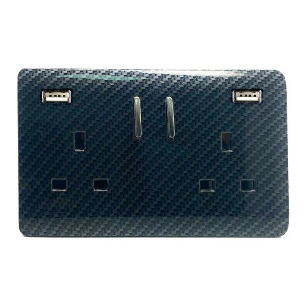 Trendi Switch 2 Gang USB 3100mA Plug Socket in Carbon Fibre