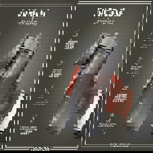 A dark-grey water bottle with a 240° flip lid is held; the bottle has measurements in milliliters and ounces, and a QR code.