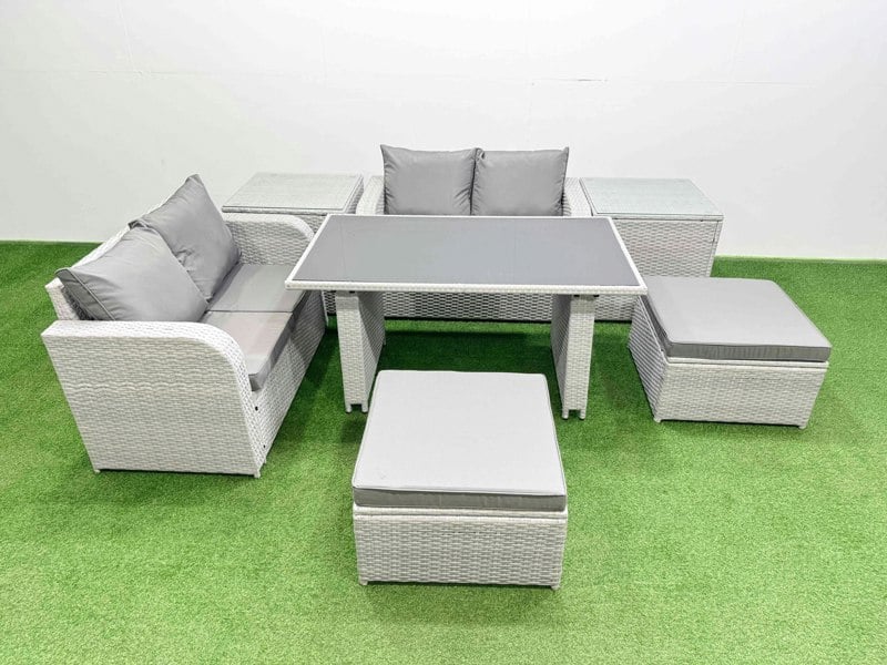 Fimous 7 Pieces Outdoor PE Rattan Sofa Set Patio Garden Furniture Sets with Cushions 2 Side Tables 2 Big Stools Light Grey
