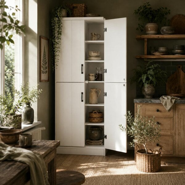 Wyld Haus Nahado Wooden White 4 Door Tall Kitchen Cupboard With 6 Tier Storage And Adjustable Shelves