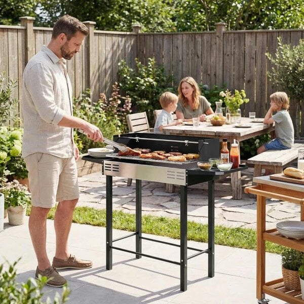 Bobobiy BBQ Rotisserie Grill Roaster Charcoal Spit Roasting Machine for Chicken Turkey with 3-Level Grill Grate, Side Shelves