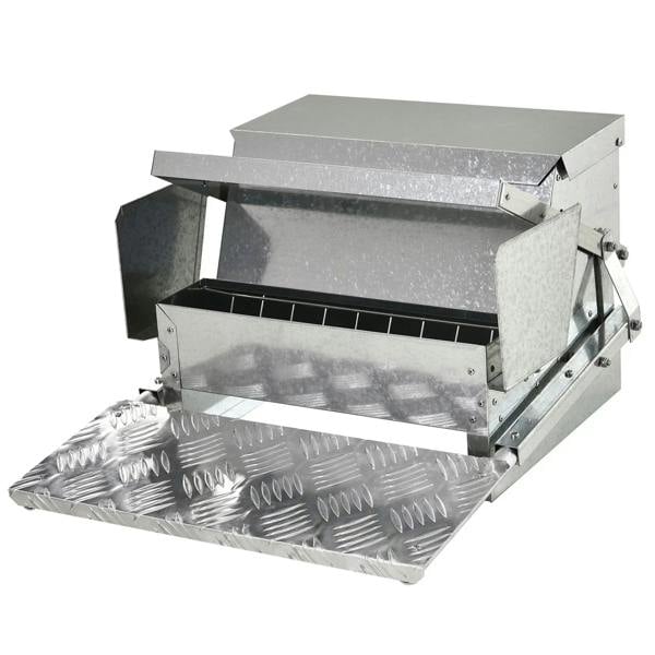 Silver automatic poultry feeder with hinged lid and front opening feeding tray