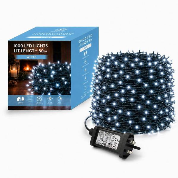 Cool White LED Fairy String Lights with Green Cable, 8 Modes, Memory and Auto Timer image 1