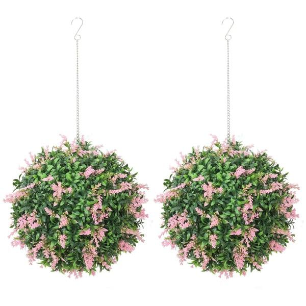 Set of 2 pink artificial topiary balls with wire hanging hooks