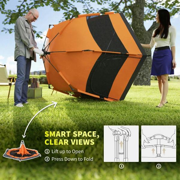 Orange and blue hexagon camping tent with arched entry and side support bars