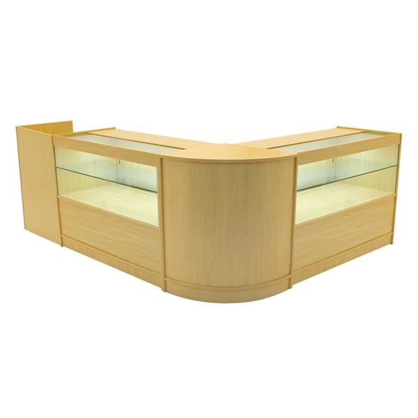 Maple LED shop counter set featuring a sleek, modern design with glass display sections and a smooth, polished finish