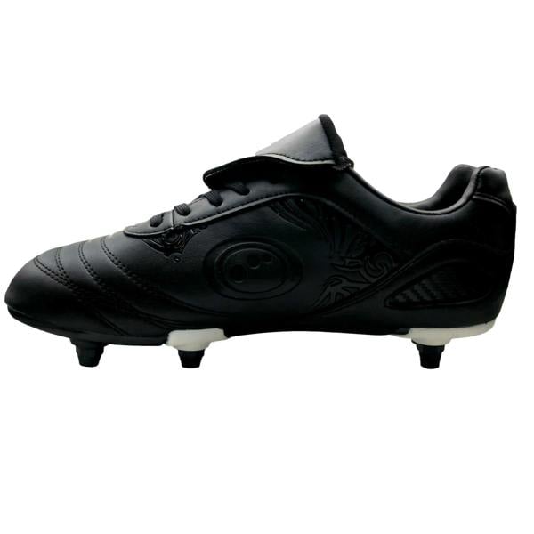 Black Optimum Razor lace-up football boot, side view with embossed tribal detail and studs - Optimum