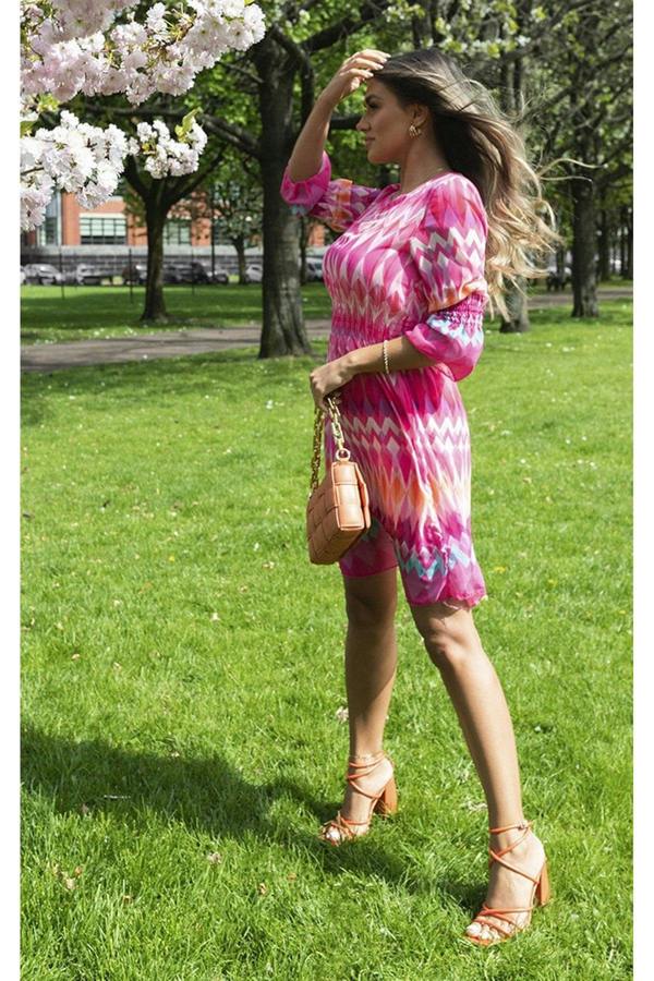 Bridget Printed Mini Dress With Elastic Waist - Pink