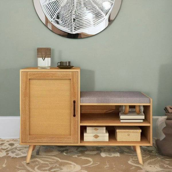 Rafaelo Mobilia Wooden Shoe Storage Bench With Cushioned Seat and Cabinet Brown