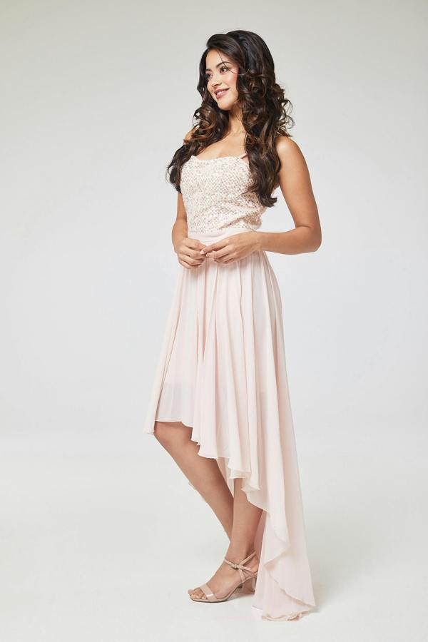 LuvForever Pink Sequin Asymmetric Long Dress