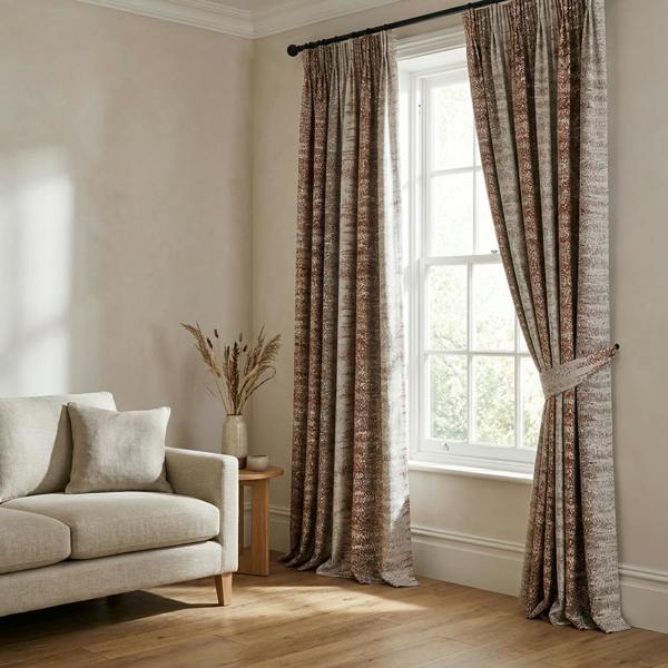 Highbury made-to-measure curtains in Terracotta, styled in a living room
