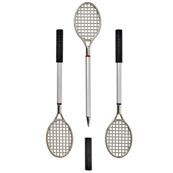 Three novelty silver tennis racket ballpoint pens shown against a plain white background, with the middle pen uncapped to reveal the writing tip.